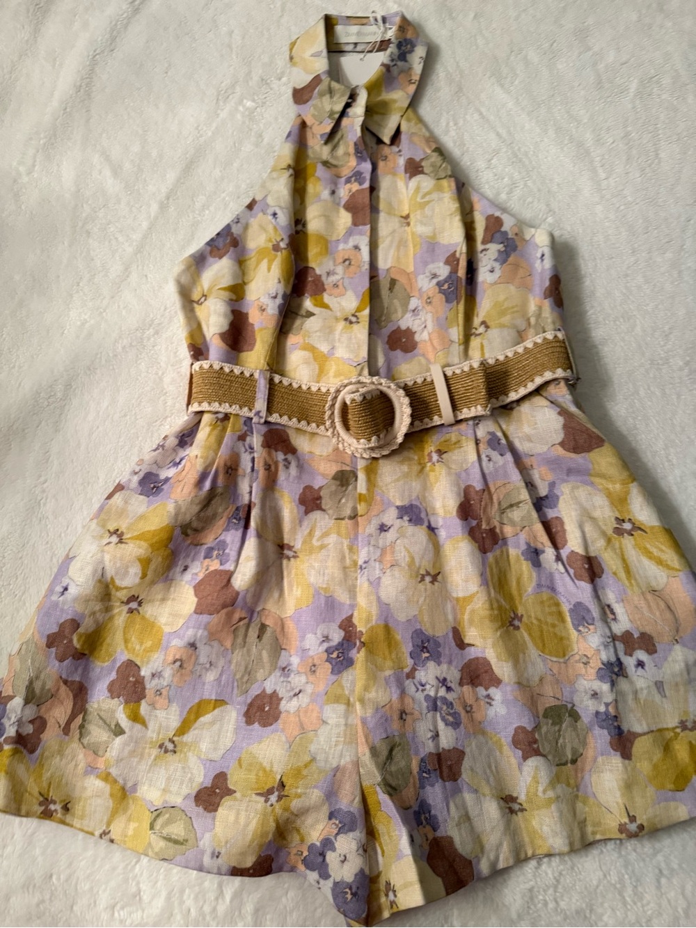 Zimmermann Floral Halter Romper with Woven Belt - Yellow Lavender - Picture 5 of 10